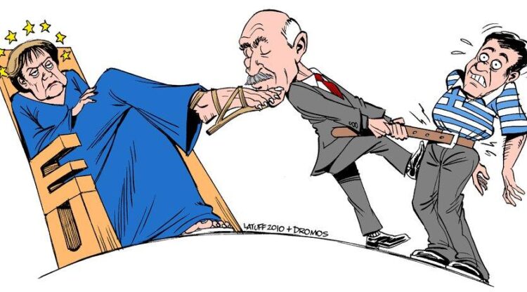 Tekenaar Latuff: Griekse premier zuigt Grieken uit om aan bevel Europa te voldoen